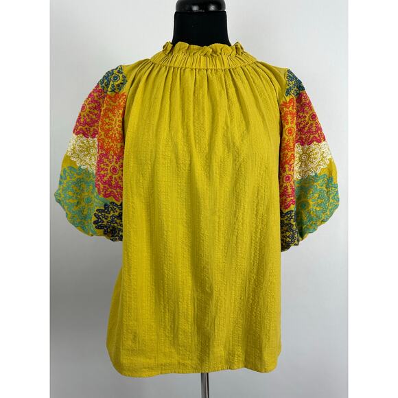 THML Size Large Embroidered Ruffled Mock Neck Top Boho Puff Sleeves Yellow - Picture 6 of 10